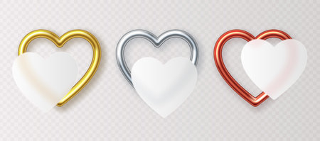 Set of decorative golden hearts with matte frame for your text in glass morphism style, isolated on white background. Vector 3d illustration.のイラスト素材