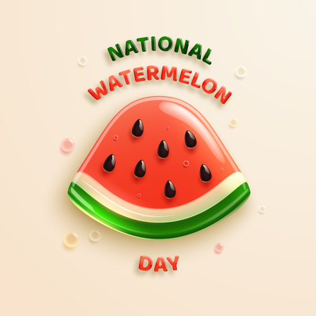 A piece of watermelon in glossy glass 3D style for National Watermelon Day. Vector illustration.のイラスト素材