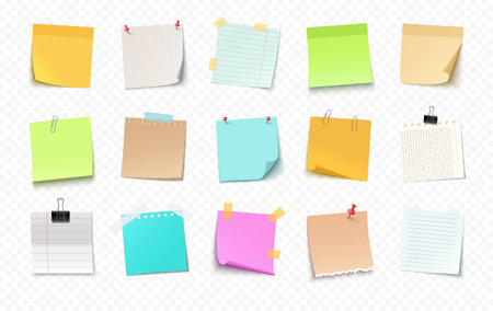 Collection of colorful paper stickers with clip, sticky tape and paper clip. Vector illustration.のイラスト素材