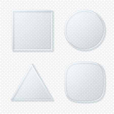 Glass transparent geometric design elements circle, square, triangle and squircle isolated on light background. Vector 3d illustration.のイラスト素材