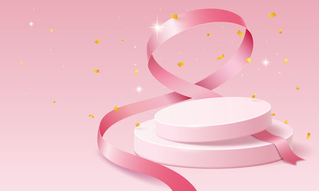 An elegant round podium with smooth orange silk ribbons on a light pink background with gold confetti, particles and bright stars. Vector 3d illustration.のイラスト素材