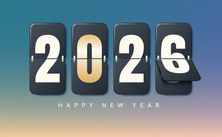 Happy New Year 2026. Digital calendar greeting card design template. Concept of the end of 2025 and...