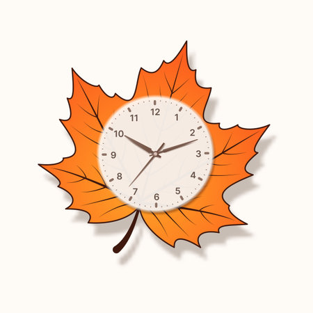 The dial of a wall clock with arrows against the background of an autumn maple leaf. Vector illustration.のイラスト素材