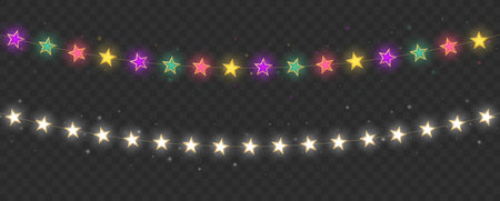 Golden Christmas lights stars. Garland of multicolored star bulbs. Vector illustration.のイラスト素材