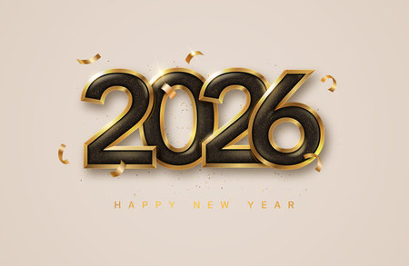 Happy New Year 2026! Golden glittering numbers filled with bright golden stardust against a backdrop...