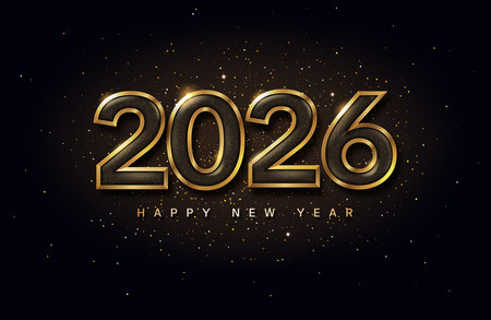 Happy New Year 2026. Gold numbers and festive star confetti on a black background. Decorative...