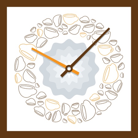 illustration of the dial of a pretty decorative clock with a pattern of coffee cups showing a time of ten past ten in the morning, a perfect time for a coffee breakのイラスト素材