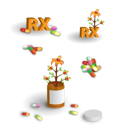 Colorful page of herbal medicine, pills, pill bottle, and RX labelのイラスト素材