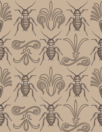 Pattern swatch of elegant arabesque swirls alternating with creepy crawly cockroaches- totally unique approach to a background!のイラスト素材