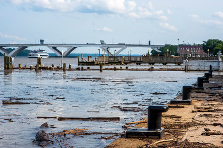 Old Town Alexandria Waterfront after storm full of scrap wood and twigsの写真素材