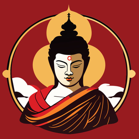 Buddha figure, Buddhism, Hinduism, India. God. Buddha painting. orange backgroundのイラスト素材