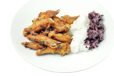 Chicken fried chicken, fried rice and rice contain.の写真素材