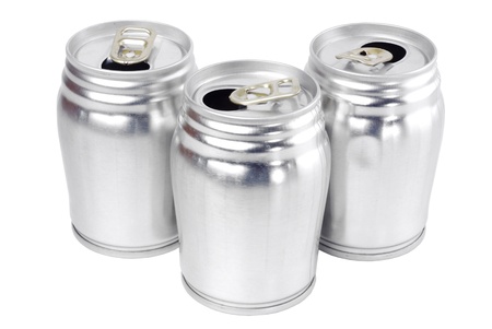 Three used aluminium cans, which can be reuse are on the white background.の写真素材