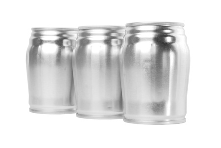 Three used aluminum cans, which can be reuse are on the white background.の写真素材