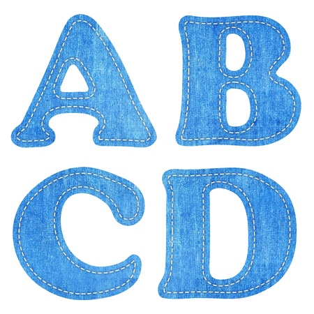 alphabet  blue jean craft stick on white background ( a b c d ) の写真素材