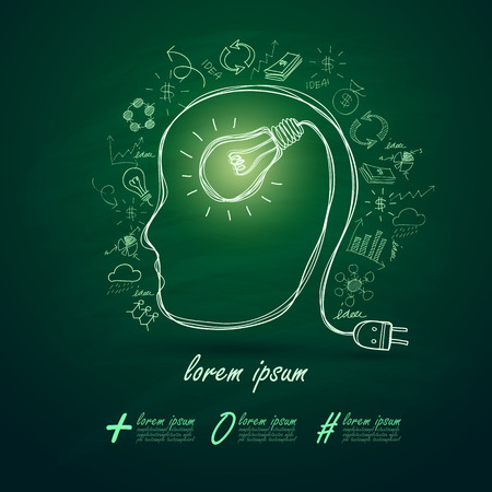 Idea concept light bulb forming human head on blackboard background,vector illustrationのイラスト素材