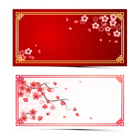 cherry blossom template with chinese frame pattern vector illustrationのイラスト素材