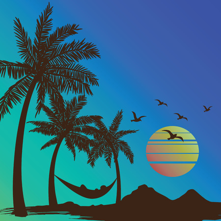 summer vacation on tropical beach Sunset with Palm trees background ,vector illustrationのイラスト素材