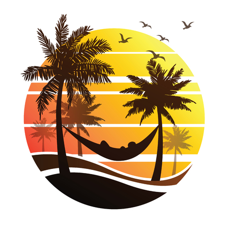 summer vacation on tropical beach Sunset, with Palm trees ,vector illustrationのイラスト素材