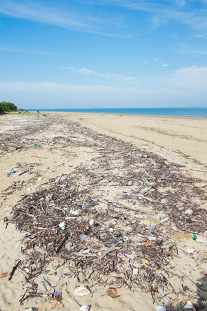 Dirty garbage on the beach causes environmental pollutionの写真素材