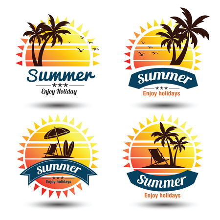 Summer holidays design elements set. Retro and vintage templates. Labels, Badges,emblem,illustrationのイラスト素材