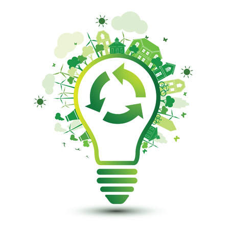 Green city and recycle logo with light bulb eco concept ,vector illustrationのイラスト素材