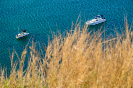 Aerial view of sailboat at sea in phuket, Thailandの写真素材