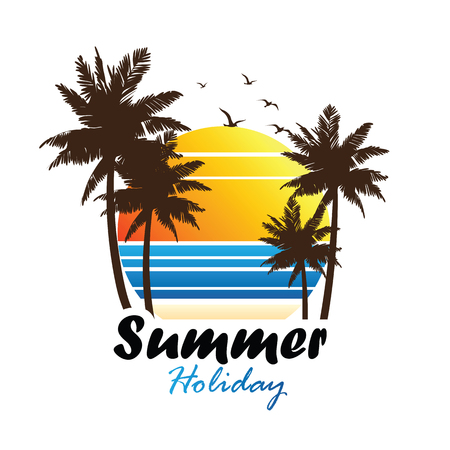 summer vacation on tropical beach Sunset label, with Palm trees ,vector illustrationのイラスト素材