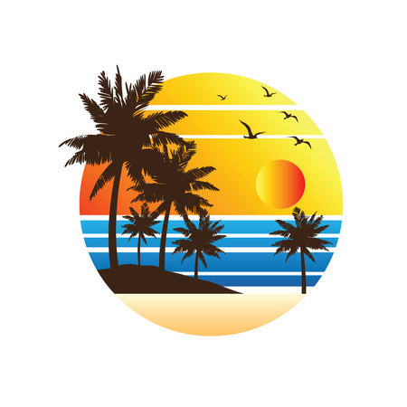 summer vacation on tropical beach Sunset label, with Palm trees ,vector illustrationのイラスト素材