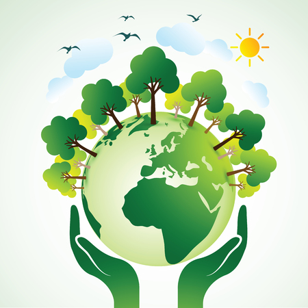 Hands Holding The Green Earth Globe with tree ,Vector Illustration.のイラスト素材
