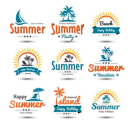 Summer holidays design elements set. Retro and vintage templates. Labels, Badges, emblem, vector illustrationのイラスト素材