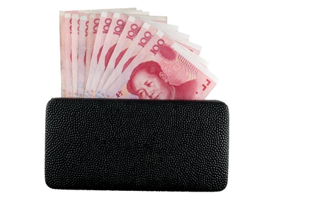 Black leather wallet with  yuan notes isolate backgroundの写真素材