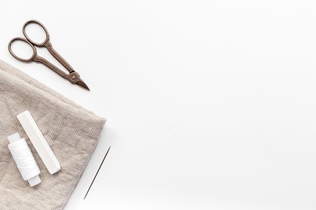 tools for sewing for hobby set on white background top view mock upの写真素材