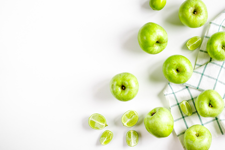 fitness food with green apples on white background top view mockupの写真素材