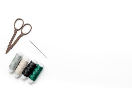 tools for sewing for hobby set on white background top view mock upの写真素材