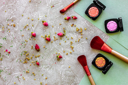 Beauty and fashion with decorative cosmetics for make up on stone woman table background top view patternの写真素材