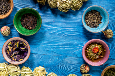 Herbal and green tea for tea-house on wooden tableの写真素材