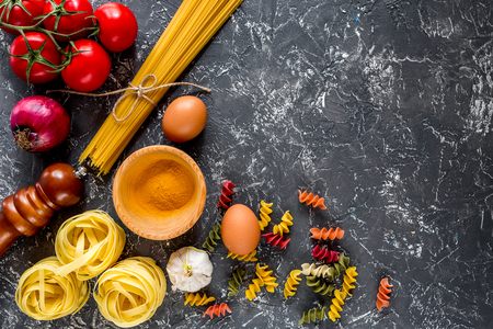 Italian food concept pasta on grey stone desk background top view copyspace.の写真素材