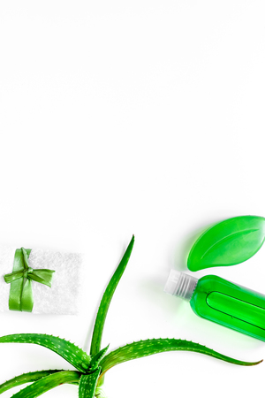 Homemade skin care. Aloe vera leafs, glass of aloe vera juice and soap on white background top view copyspaceの写真素材