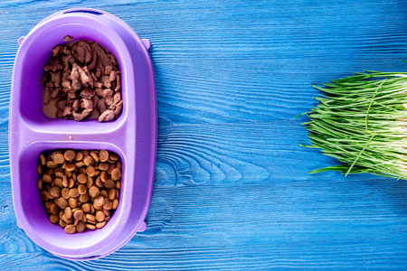 Animal feed in bowl and grass on blue table background top view.の写真素材