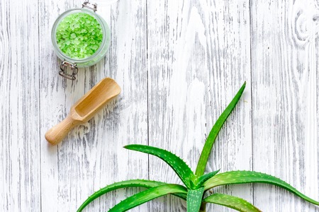 Fresh aloe vera leafs on wooden background top view.の写真素材