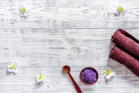 Lavender bath salt on wooden background top view.の写真素材