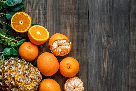 Citrus concept. Fresh fruits on wooden table background top view.の写真素材