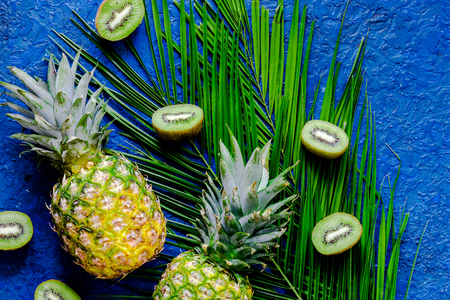 Summer exotic fruits. Kiwi, pineapple and palm branch on blue background top viewの写真素材