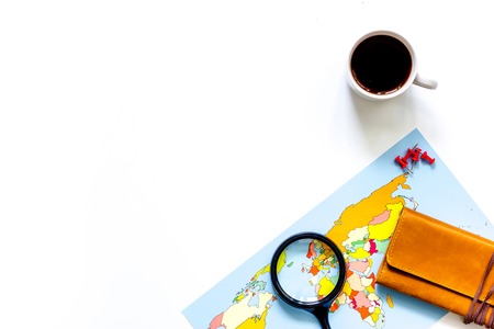 Planning trip. World map on white background top view copyspace