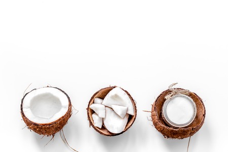 Body treatment. Coconut oil on white background top view copyspaceの写真素材