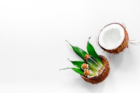 Body treatment. Coconut lotion on white background top view copyspaceの写真素材