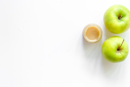 Apple puree for baby on white background top view.の写真素材
