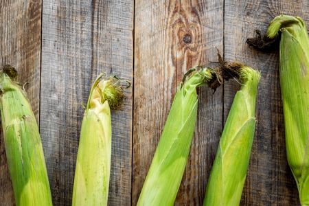 Fresh corn on rustic wooden table top view copyspace