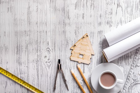 Architect workplace. Tools on wooden desk top view.の写真素材